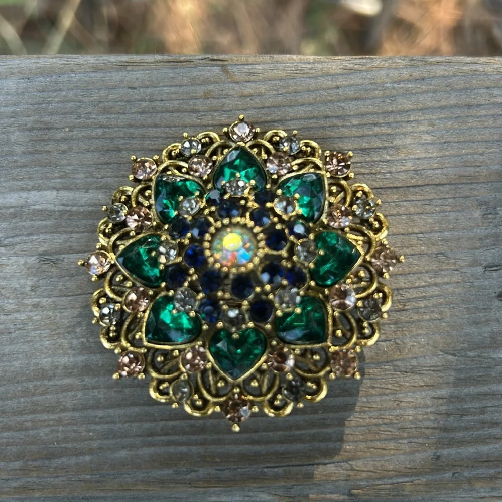 Aurora Borealis Gold, Blue and Green Statement Glass Rhinestone Brooch